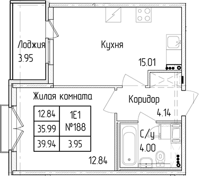 1-комнатная квартира 35.99 м², 4/4 эт., ЖК «Любоград в Стрельне»
